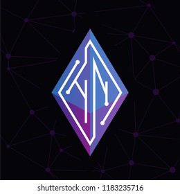 H N Initial letter block chain logo icon vector template. Looping mono line circuit letter on rhombus cube logo