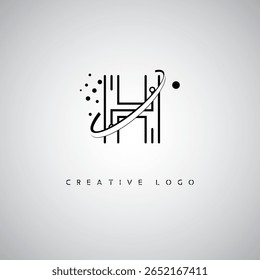 Logotipo de Monograma de Órbita H - Marca de Letra Mínima Futurista com Linha de Arte Circular, Pontos Inspirados na Tecnologia e Conceito de Movimento Espacial para Identidade de Marca Moderna