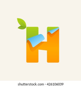 H paper letter logo with green leaves icon. Vector paper style typeface. Ecology letter for card, app icon, corporate identity, label or poster.