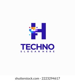 Plantilla de diseño de logotipo de letra H, concepto de símbolo del logotipo de la tecnología de píxeles