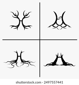 H shaped dry tree logo with deep roots. Vector of tree trunk with roots. Can be used by ecology and eco friendly designs best suited for clothing brands. H logo initial.