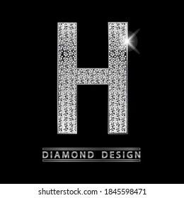 H silver shining Letter with diamonds vector illustration. White gems with light on metallic letter. Stylish luxury type logo for jewelry or casino business.