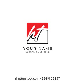 H, T, HT Initial letter handwritten and signature vector image template in square shape log