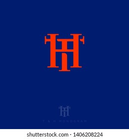 H and T letters with star. H, T monogram consist of intertwined lines. Red letters combined, isolated on a blue background. Web, UI icon. 