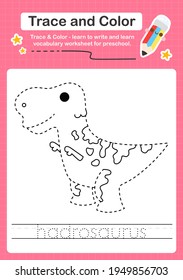 H Tracing word for dinosaurs and coloring trace worksheet for kids to practice writing skills with the word Hadrosaurus 