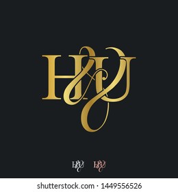 H & U HU logo initial vector mark. Initial letter H & U HU luxury art vector mark logo, rose gold, silver, gold color on black background.