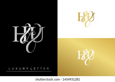 H & U / HU logo initial vector mark. Initial letter H & U HU luxury art vector mark logo, gold color on black background.
