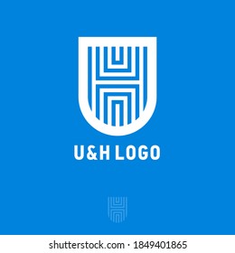 Letra H y U. H, monograma azul U, aislado en forma blanca como el escudo. Tarjeta de visita.