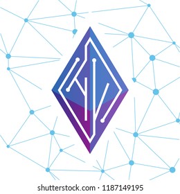 H V Initial letter block chain logo icon vector template. Looping mono line circuit letter on rhombus cube logo