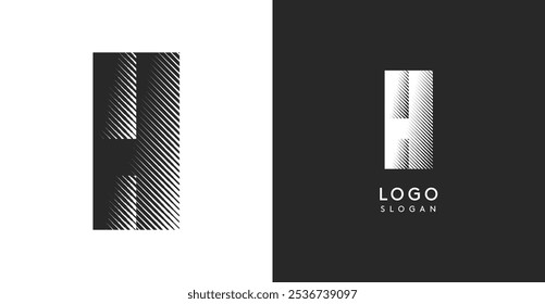 Letra vetorial H. Monograma de contraste afiado greve eclosão diagonal para olhar industrial ainda moderno. Modelo de logotipo em negrito alto. Design de conceito de logotipo para marca em tecnologia, arquitetura, moda