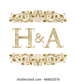 H and A vintage initials logo symbol. The letters are surrounded by ornamental elements. Wedding or business partners monogram in royal style.