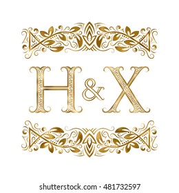 H and X vintage initials logo symbol. The letters are surrounded by ornamental elements. Wedding or business partners monogram in royal style.