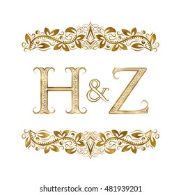 H and Z vintage initials logo symbol. The letters are surrounded by ornamental elements. Wedding or business partners monogram in royal style.