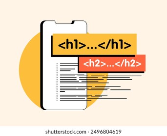 H1 and H2 seo tags - HTML header elements used to define main title of webpage. Seo header tags hierarchy with correct content organization. Modern illustration isolated on white background