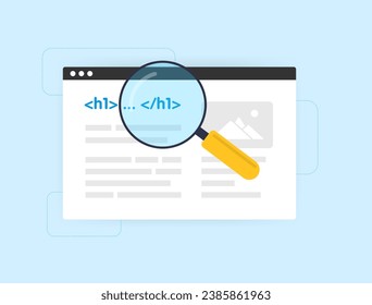 Concepto de etiquetas de título SEO H1. Optimizar los encabezados de sitios web para una mejor visibilidad de los motores de búsqueda. Ilustración vectorial de optimización SEO en página técnica aislada en fondo azul con iconos