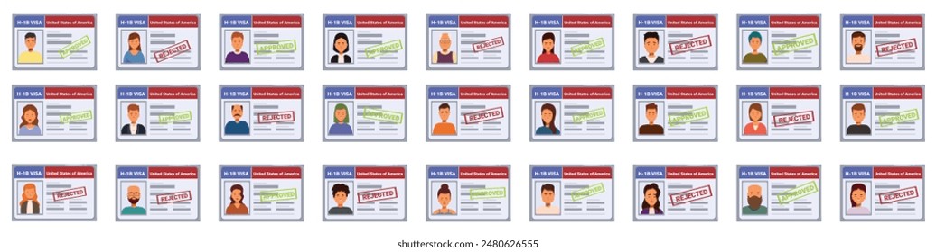 h1b icons set. Illustration featuring a collection of united states visa cards, some marked as approved and others as rejected, symbolizing the complexities of immigration