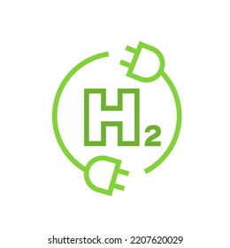 H2 fuel logo. Green hydrogen production. Renewable energy source. Ecological energy. Zero emissions. Ecology, global warming, chemistry sign, icon. Editable vector illustration. Scientific pictogram