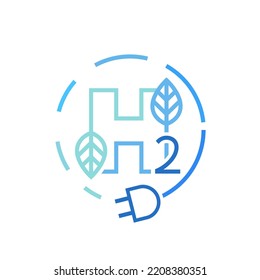 H2 fuel logo. Green hydrogen production. Renewable energy source. Ecological energy. Zero emissions. Ecology, global warming, chemistry sign, icon. Editable vector illustration. Scientific pictogram