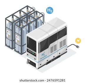 H2 green hydrogen fuel cell backup generator with H2 Tanks portable for House office cartoon isometric isolated clean evergy concept