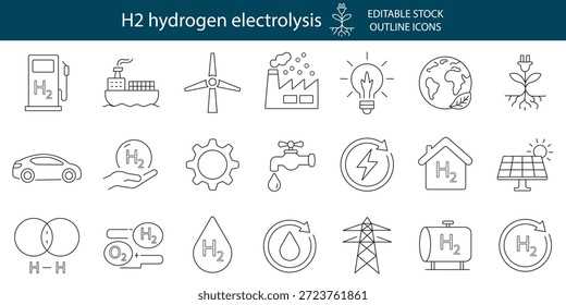 H2 Wasserstoffelektrolyse editierbare Strich Umrisssymbole gesetzt.