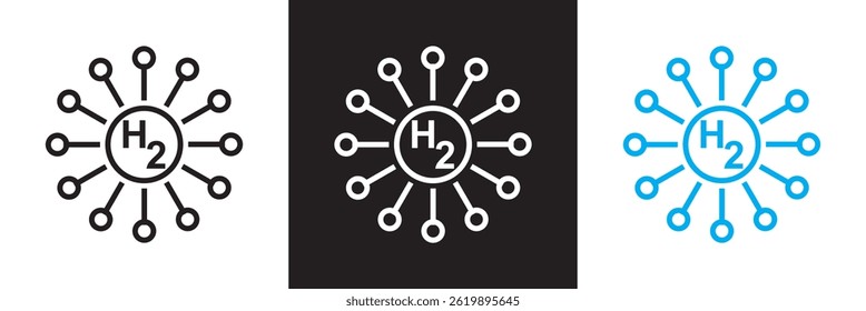 Symbol für H2-Wasserstoffelektrolyse. Vektorgrafik für Websites, mobile Schnittstellen, Präsentationen, Banner, visuelles Branding usw. Vektorgrafik. einzeln auf weißem und schwarzem Hintergrund. EPS 10