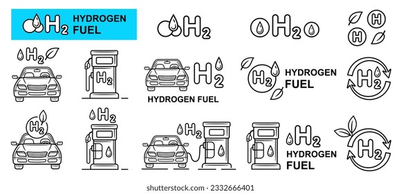 H2 hydrogen fuel gas cell car filling station, electric hybrid auto transport charging line icon set. Automobile vehicle refueling ecological gasoline. Alternative eco friendly renewable energy vector