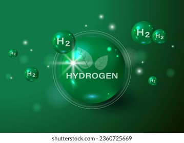 H2 Wasserstoffmolekül-Gaspumpe Schwimmende runde Elemente und Moleküle mit Text H2 und Wasserstoff. Ökologie, Biologie und Biochemie Konzept der erneuerbaren Energieträger