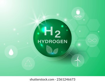 H2 Hydrogen Molecule Gas Pump. Floating round elements and molecules with text H2 and Hydrogen. Ecology, biology and biochemistry concept of renewable fuel green energy