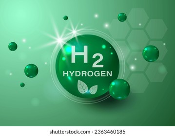 H2 Hydrogen Molecule Gas Pump. Floating round elements and molecules with text H2 and Hydrogen. Ecology, biology and biochemistry concept of renewable fuel green energy