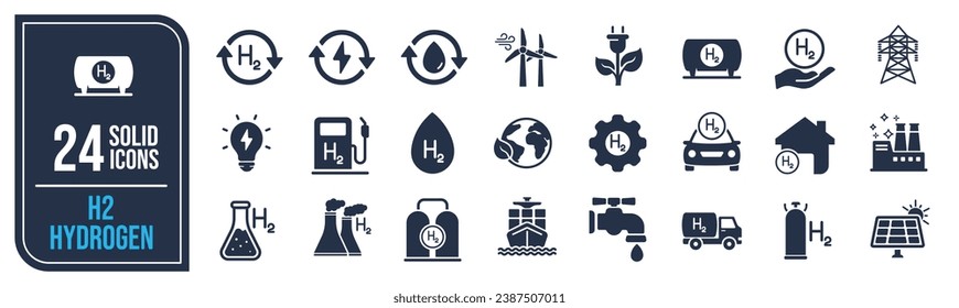 H2 hydrogen solid icons collection. Containing gas, energy, electrical, factory etc icons. For website marketing design, logo, app, template, ui, etc. Vector illustration.