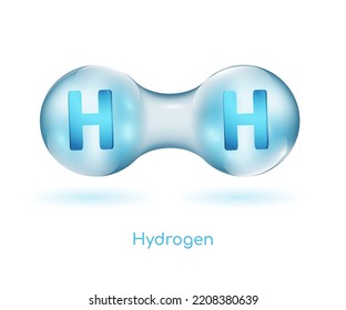 H2-Molekül. Blaue Wasserstoffproduktion. Ökologische Energie ohne Emissionen. Chemie-Modell mit integrierten Teilchen. Bearbeitbare Vektorgrafik mit Volumen-Atom-Kugeln. Wissenschaftliches Element.
