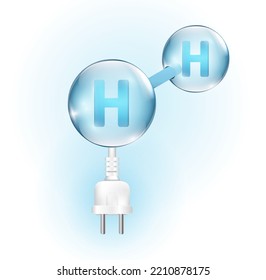 H2-Molekül. Blaue Wasserstoffproduktion. Ökologische Energie ohne Emissionen. Chemie-Modell mit Elektrostecker. Bearbeitbare Vektorgrafik mit Volumen-Atom-Kugeln. Wissenschaftliches Element.