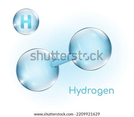 H2 molecule. Blue hydrogen production. Ecological energy with zero emissions. Chemistry model with integrated particles. Editable vector illustration with volume atom spheres. Scientific element.