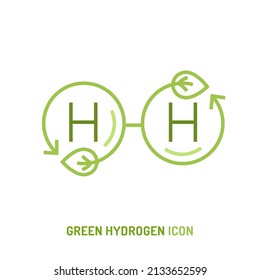 H2 molecule. Green hydrogen production. Renewable energy source. Ecological energy. Zero emissions. Ecology, global warming, chemistry sign, icon. Editable vector illustration. Scientific pictogram