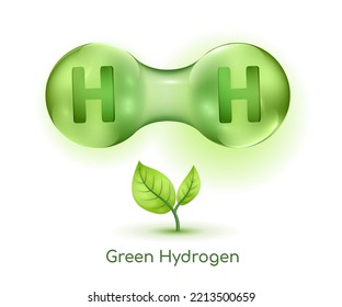 H2-Molekül. Grüne Wasserstoffproduktion. Ökologische Energie ohne Emissionen. Chemie-Modell mit integrierten Teilchen. Bearbeitbare Vektorgrafik mit Volumen-Atom-Kugeln. Wissenschaftliches Element