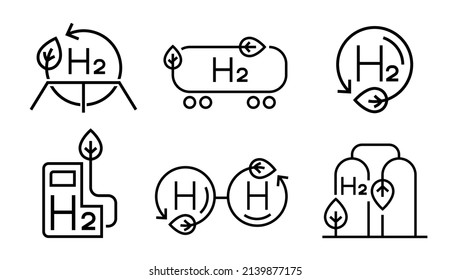 Símbolo H2. Producción de hidrógeno verde. Fuente de energía renovable. Energía ecológica. Cero emisiones. Ecología, calentamiento global, signo químico, icono. Ilustración vectorial editable. Pictograma científico