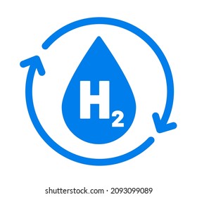 H2 vector icon. Renewable energy source. Water drop with two round arrows and hydrogen. Minimal chemical illustration. Simple symbol.