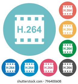 H.264 movie format flat white icons on round color backgrounds