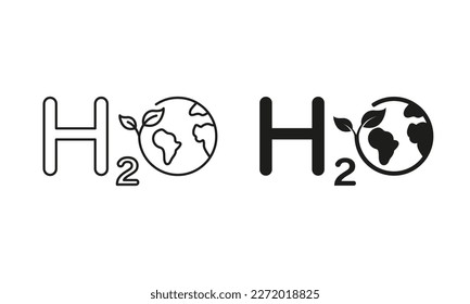 H2O Ecology Line and Silhouette Icon Set. Eco Water Chemistry Formula with Globe and Leaf Symbol Collection on White Background. Aqua with Earth Nature Environment. Isolated Vector Illustration.