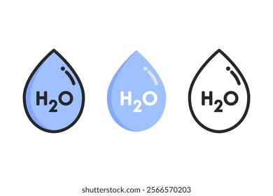 H2O icon set. Water droplet liquid sign. Nature, clean, environment, chemical concept. Flat vector design isolated illustration.