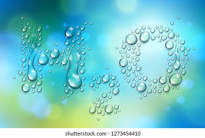 H2O letters designed with realistic water drops with blurred background beyond, vector illustration of ecology theme, ecosystem, environment protection.