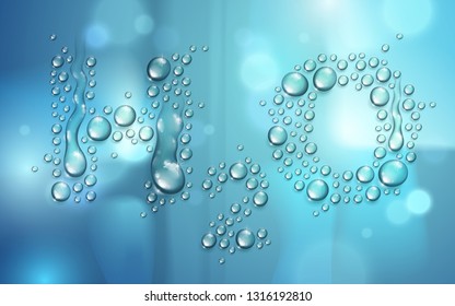 H2O letters designed with realistic water drops with blurred background beyond, vector illustration of ecology theme, ecosystem, environment protection.