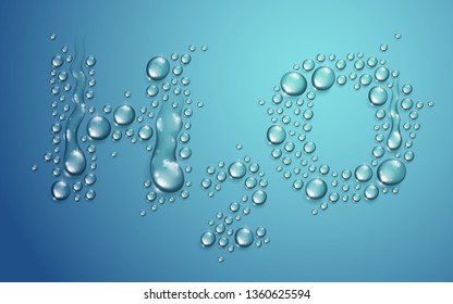 H2O letters designed with realistic water drops with blurred background beyond, vector illustration of ecology theme, ecosystem, environment protection.