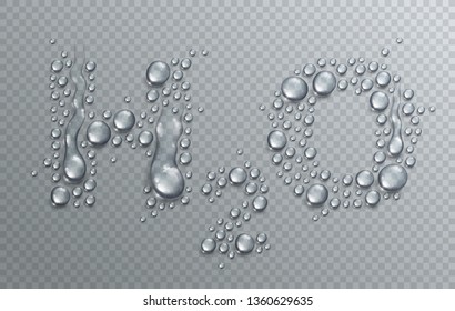 H2O letters designed with realistic water drops over transparency checker grid, vector illustration of ecology theme, ecosystem, environment protection.