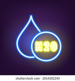 H2O neon icon. Water drop icon logo. Chemical formula H2O. Vector illustration. Flat design.