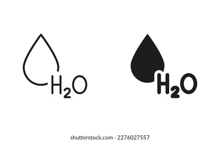 H2O Silhouette and Line Icon Set. Water Drop Black Sign Collection. Chemical Formula for Water. Symbol of Fresh Aqua Symbols. Isolated Vector Illustration.