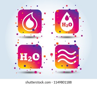 H2O Water drop icons. Tear or Oil drop symbols. Colour gradient square buttons. Flat design concept. Vector