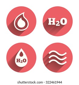 H2O Water drop icons. Tear or Oil drop symbols. Pink circles flat buttons with shadow. Vector