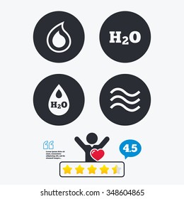 H2O Water drop icons. Tear or Oil drop symbols. Star vote ranking. Client like and think bubble. Quotes with message.