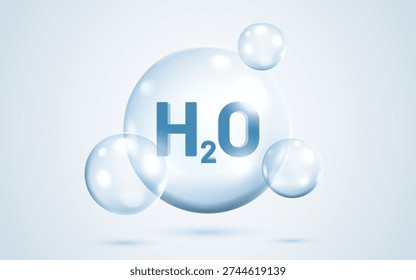 H2O water molecule in a transparent bubble. A clean scientific concept for purity and hydration. Vector illustration.